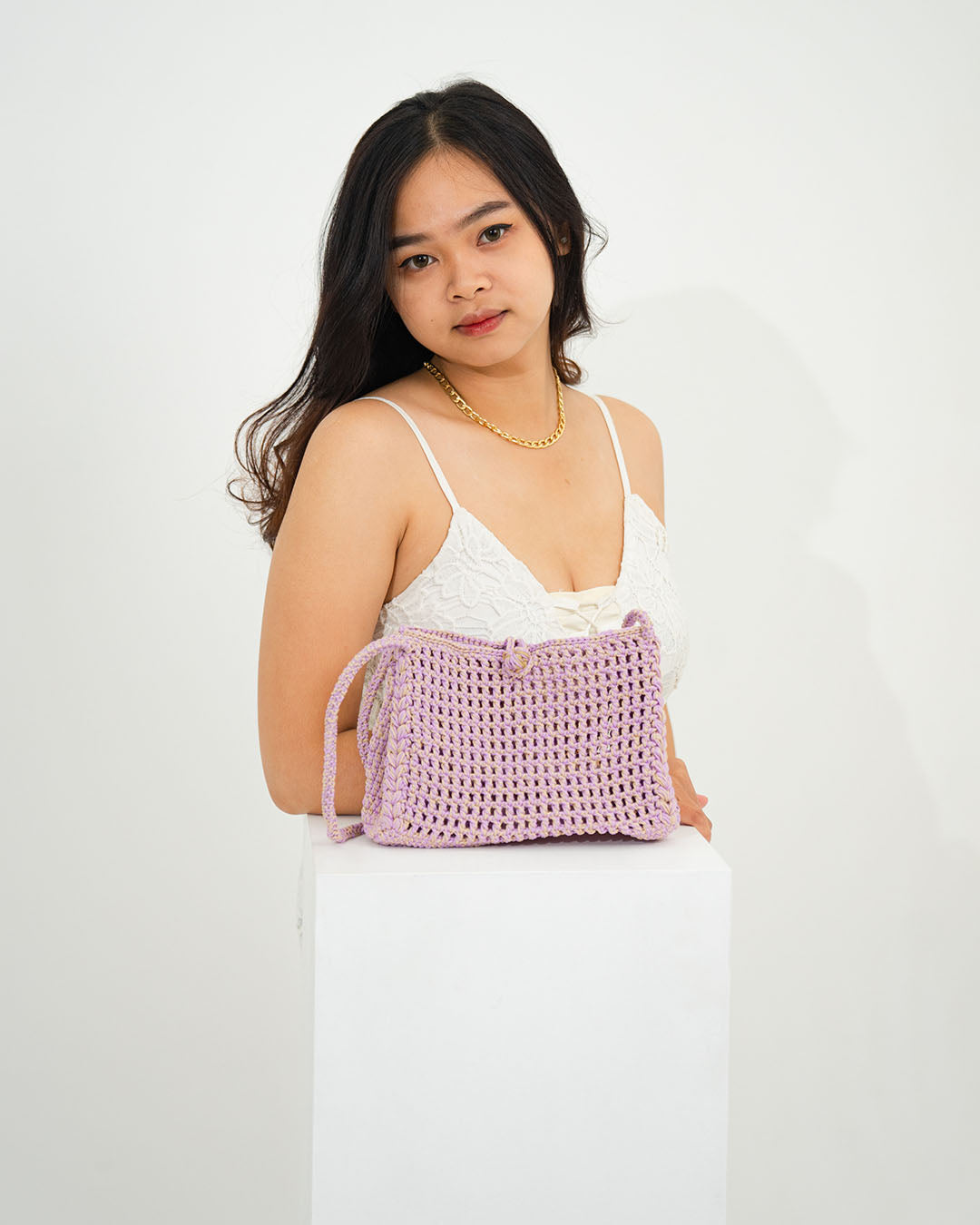 Malinda Mixed-Color Crochet Bag - Lavender x Beige