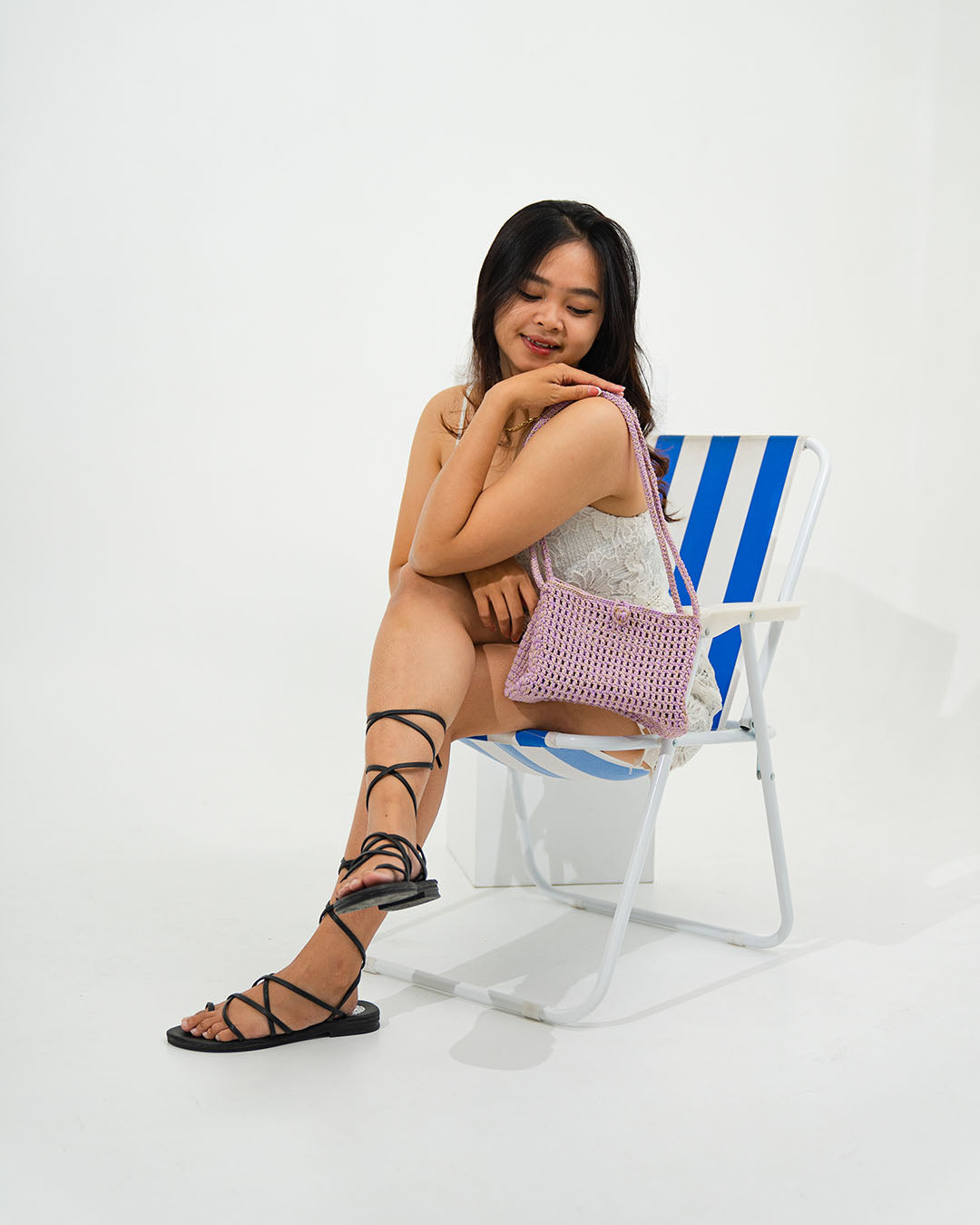 Malinda Mixed-Color Crochet Bag - Lavender x Beige