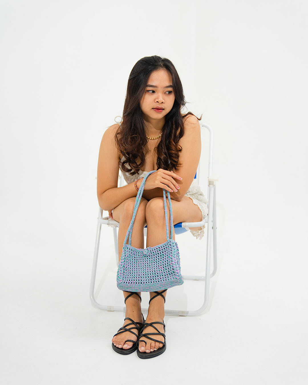 Malinda Mixed-Color Crochet Bag - Blue x Lavender