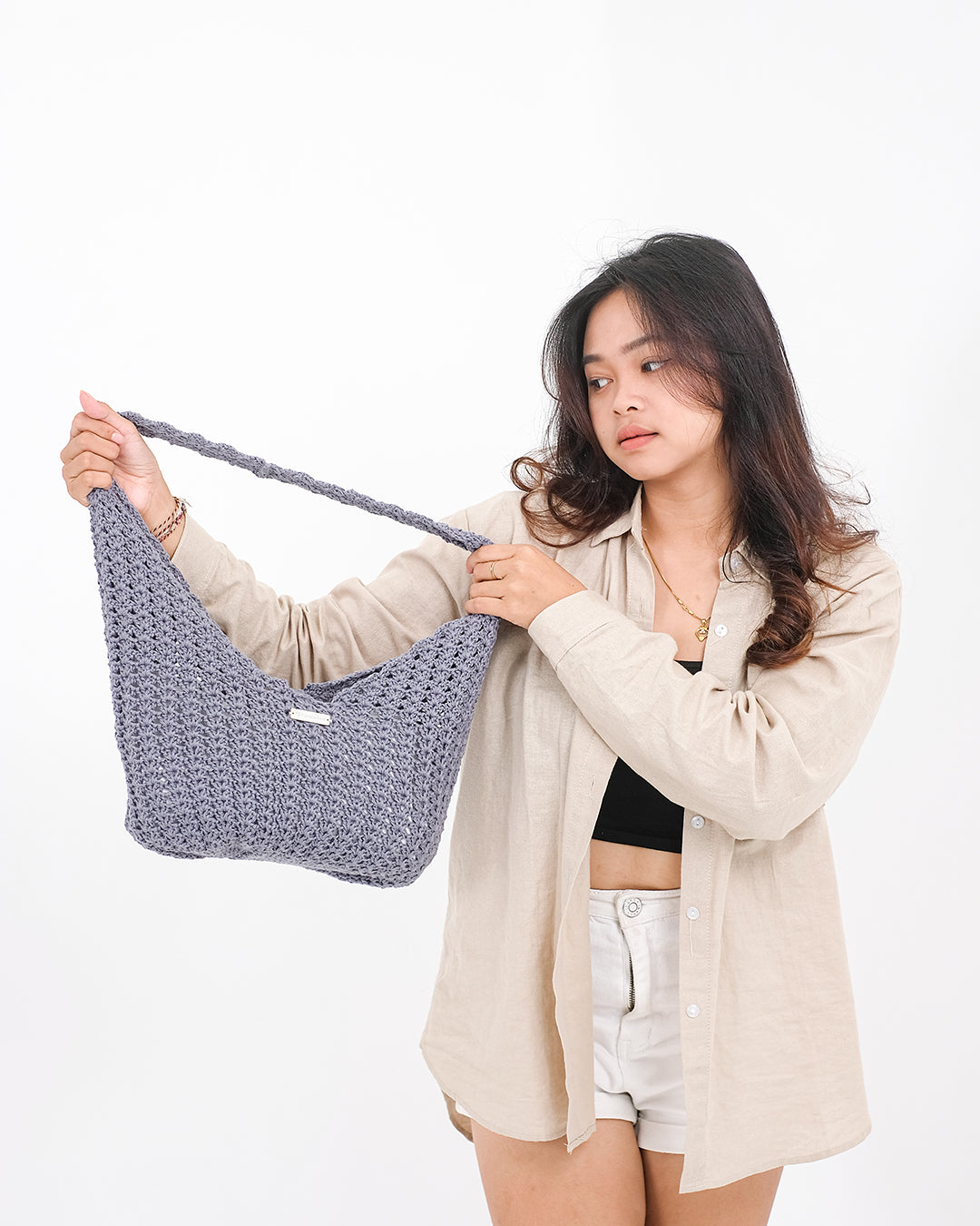 Riaa Crochet Tote Bag - Grey