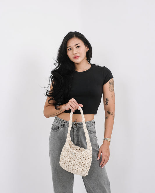 Nisa Tulip Crochet Shoulder Bag - Beige